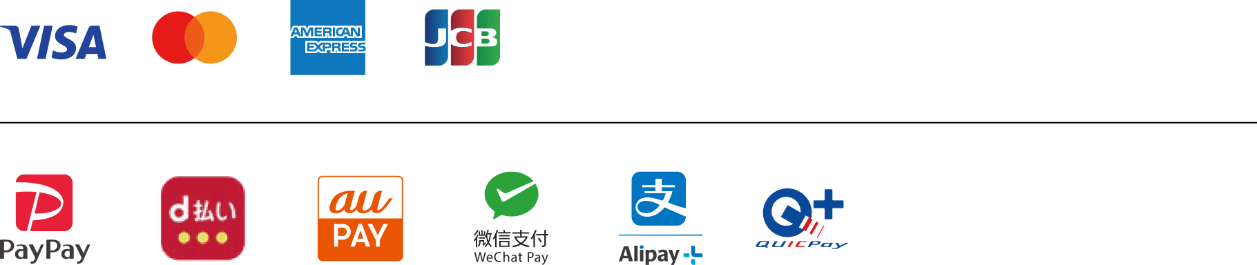 ご利用可能な決済方法：VISA、Mastercard、American Express、JCB、PayPay、d払い、au PAY、WeChat Pay、Alipay、QUICPay